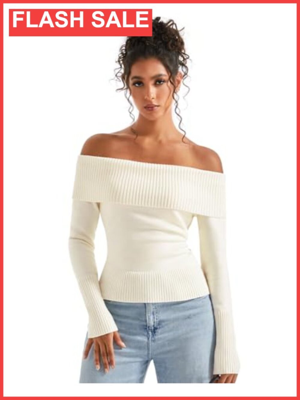 Off Shoulder Ribbed Knit Pullover Sweater Long Sleeve Fitted Top